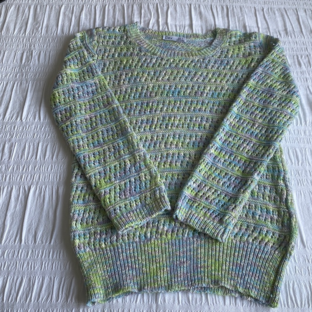 Dex crocheted knit sweater in pastels of mint green, mauve, blue and cream. S
